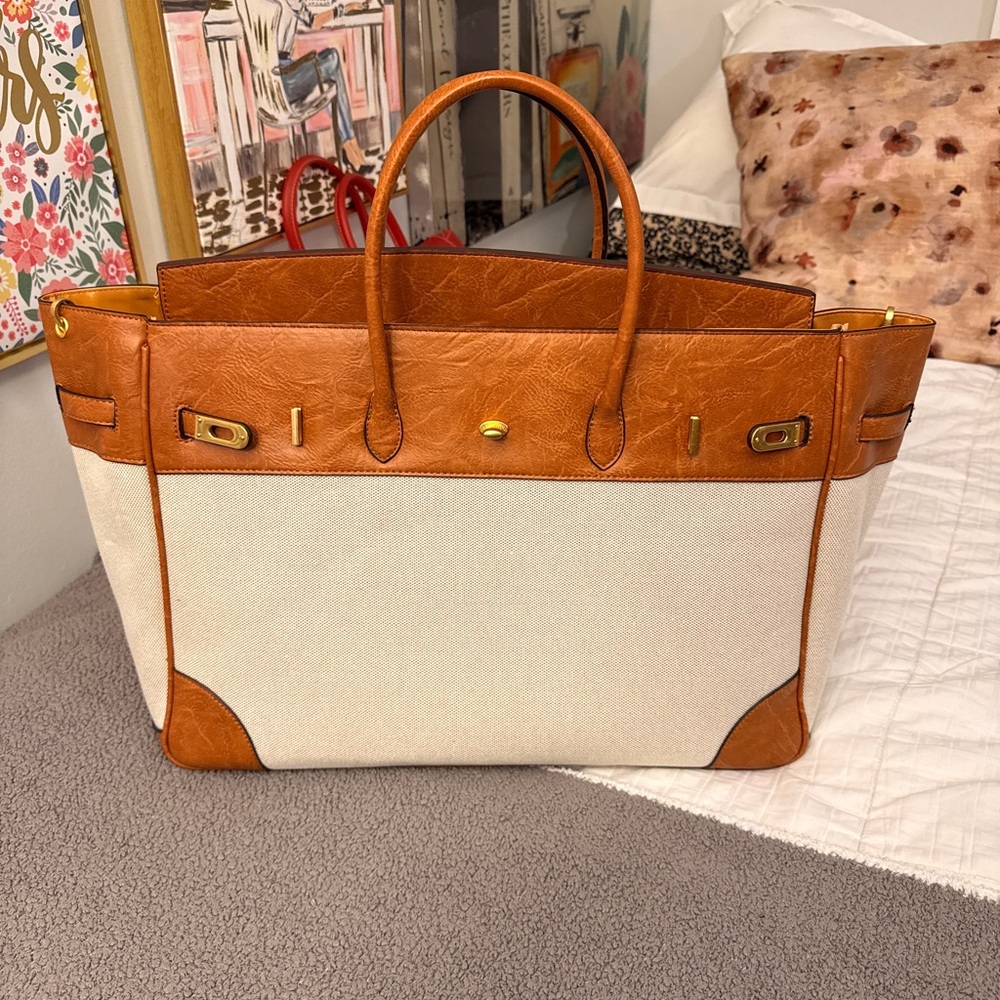 Two-Tone Leather and Canvas Tote Bag
